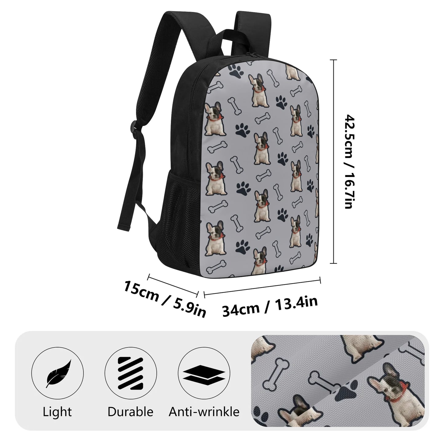 Custom 17 Inch School Backpack with Your French Bulldog Image