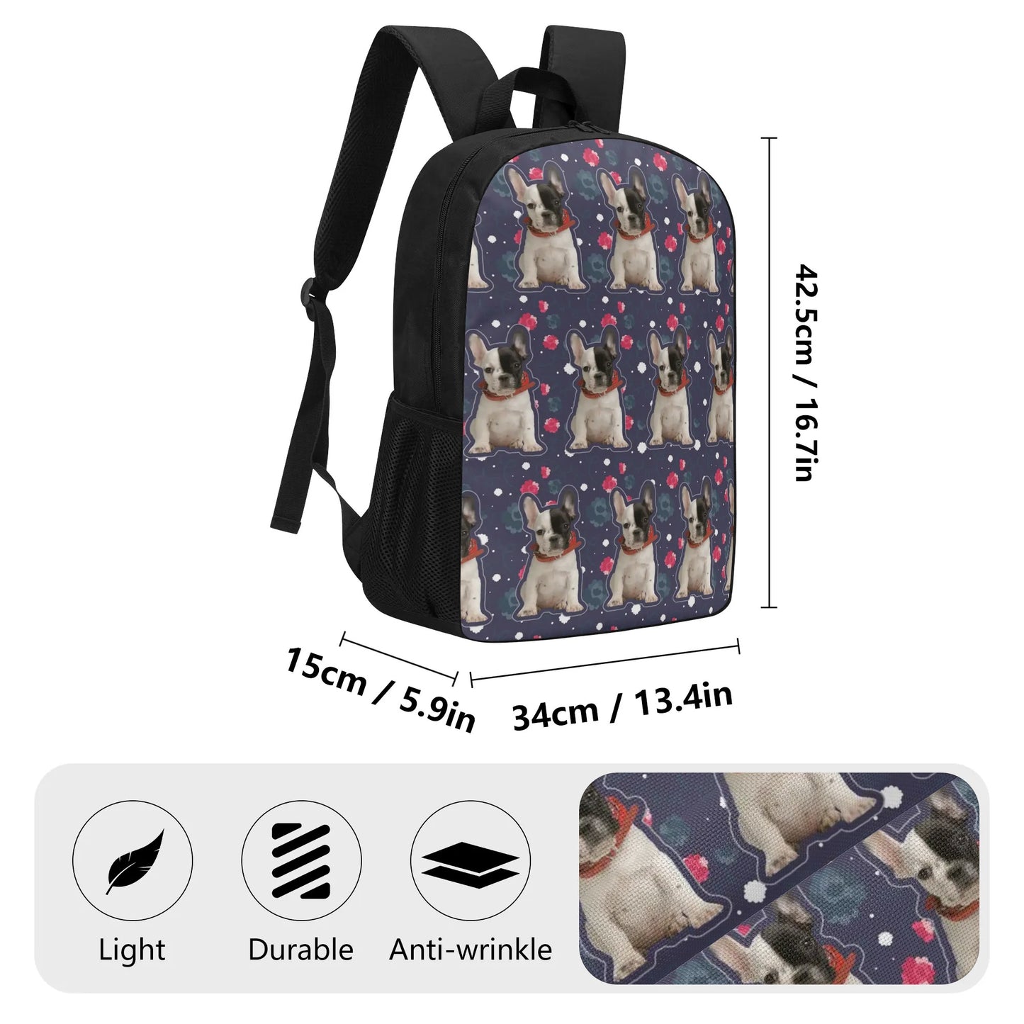 Custom 17 Inch School Backpack with Your French Bulldog Image