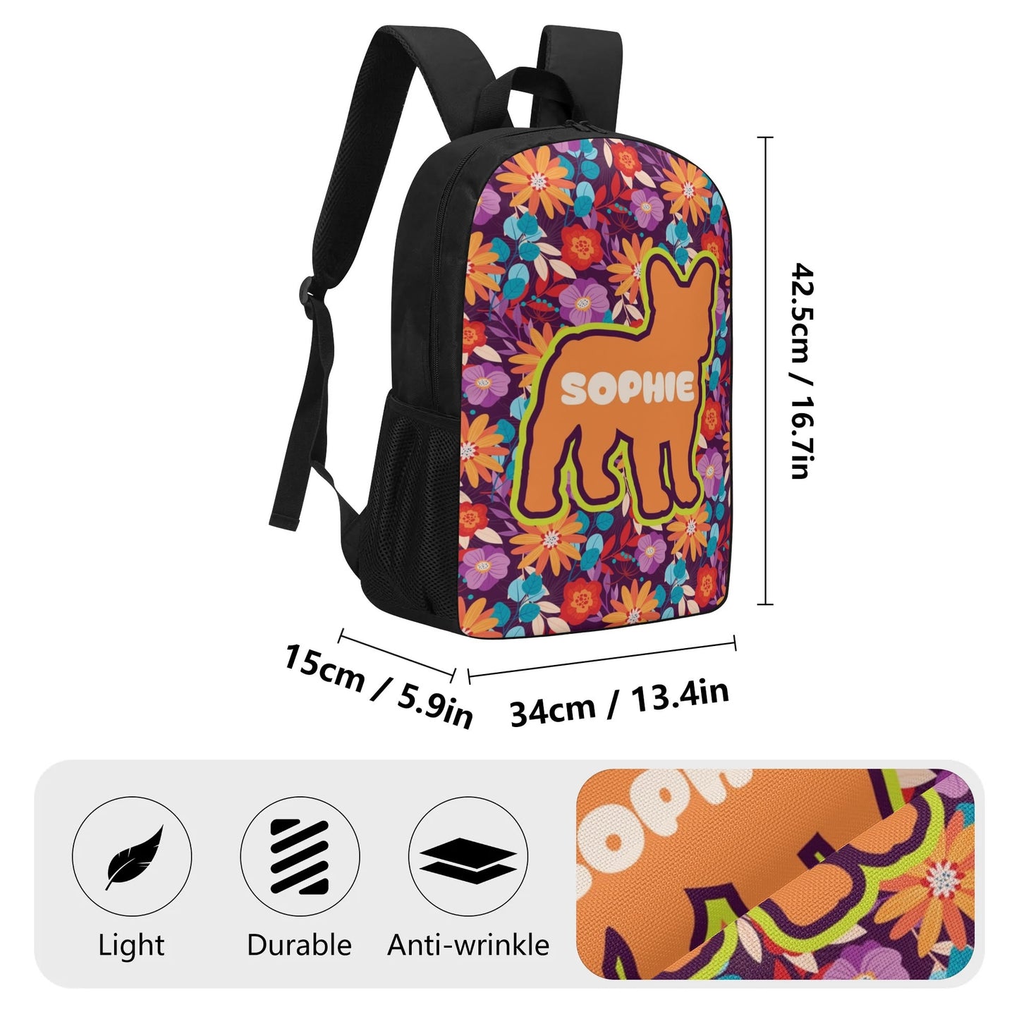 17 Inch School Backpack with Custom French Bulldog Name