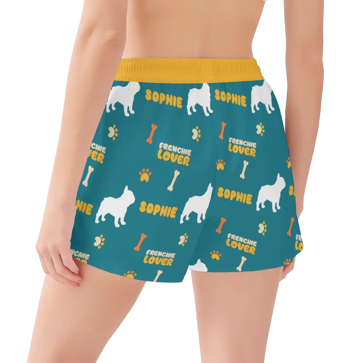 Custom Womens Beach Shorts  with French Bulldog Name