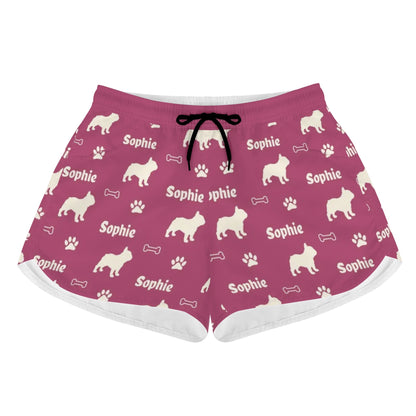 Custom Womens Beach Shorts  with French Bulldog Name