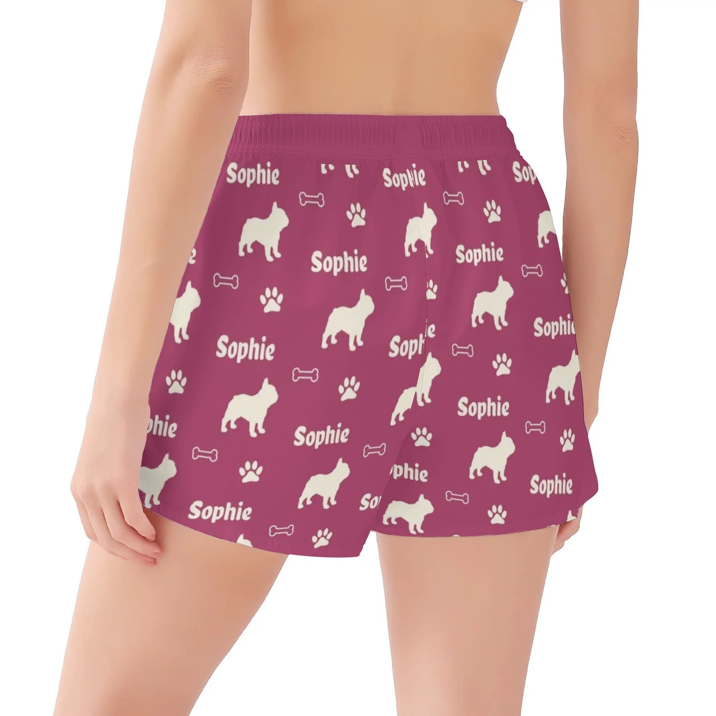 Custom Womens Beach Shorts  with French Bulldog Name