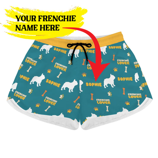 Custom Womens Beach Shorts  with French Bulldog Name