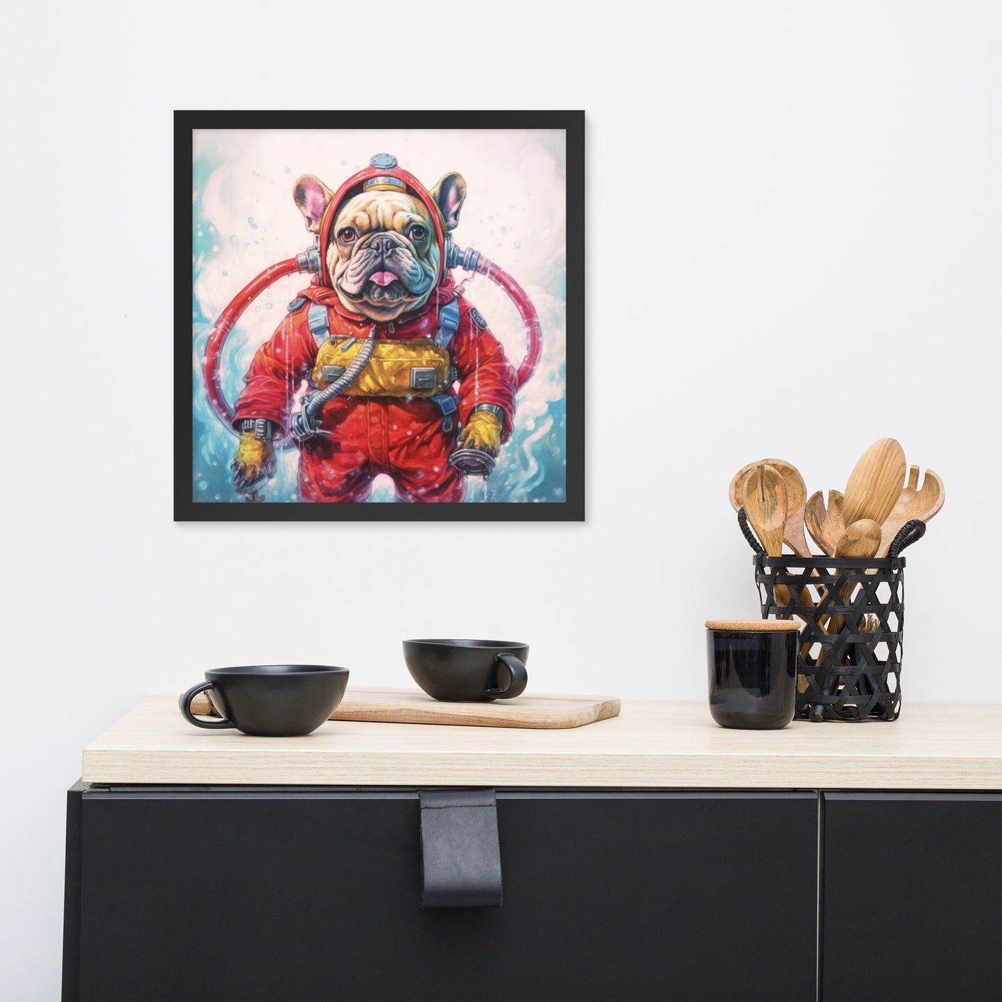 Firefighter Frenchie Framed Poster - A Courageous and Artistic Choice for Pet Lovers and Fire Service Admirers