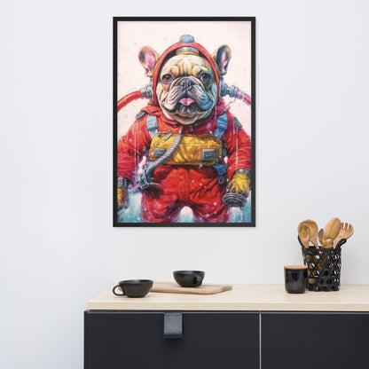 Firefighter Frenchie Framed Poster - A Courageous and Artistic Choice for Pet Lovers and Fire Service Admirers