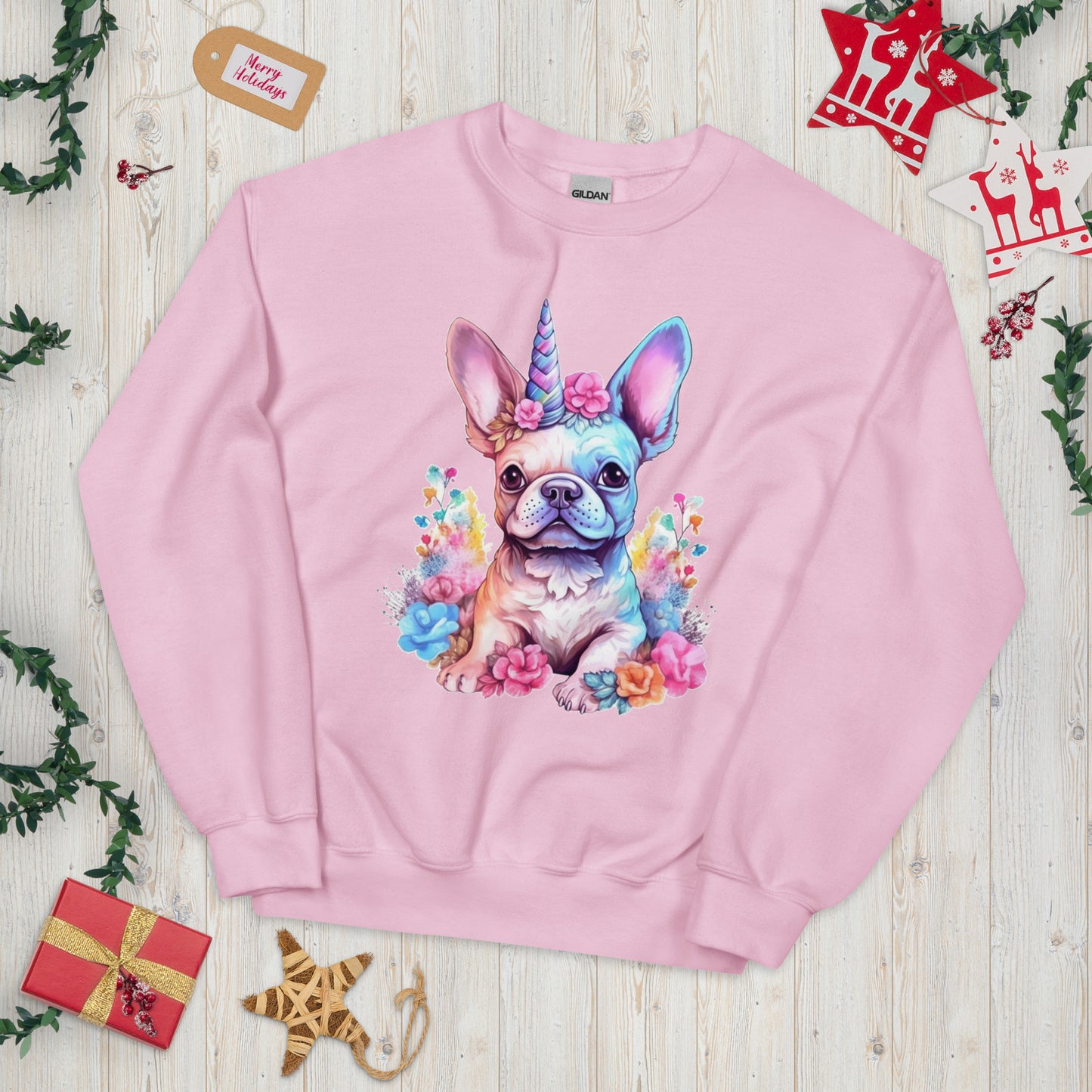 Frenchie Embraces Unicorn - Unisex Crew Neck Sweatshirt