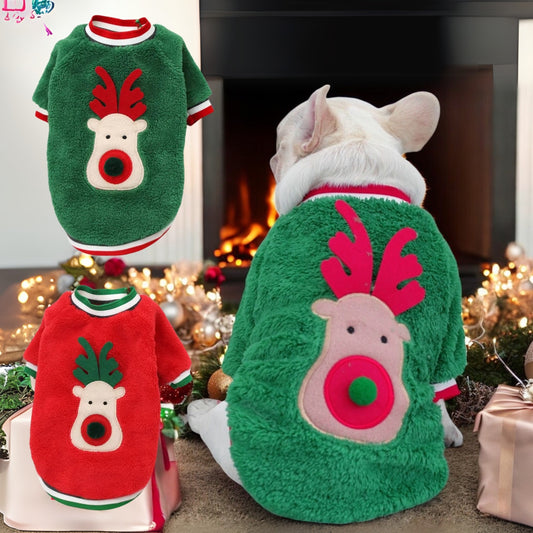 www.frenchie.shop-Frenchie-Coral-Fleece-Christmas-Sweater-Festive-Reindeer-Holiday-Apparel-for-Dogs