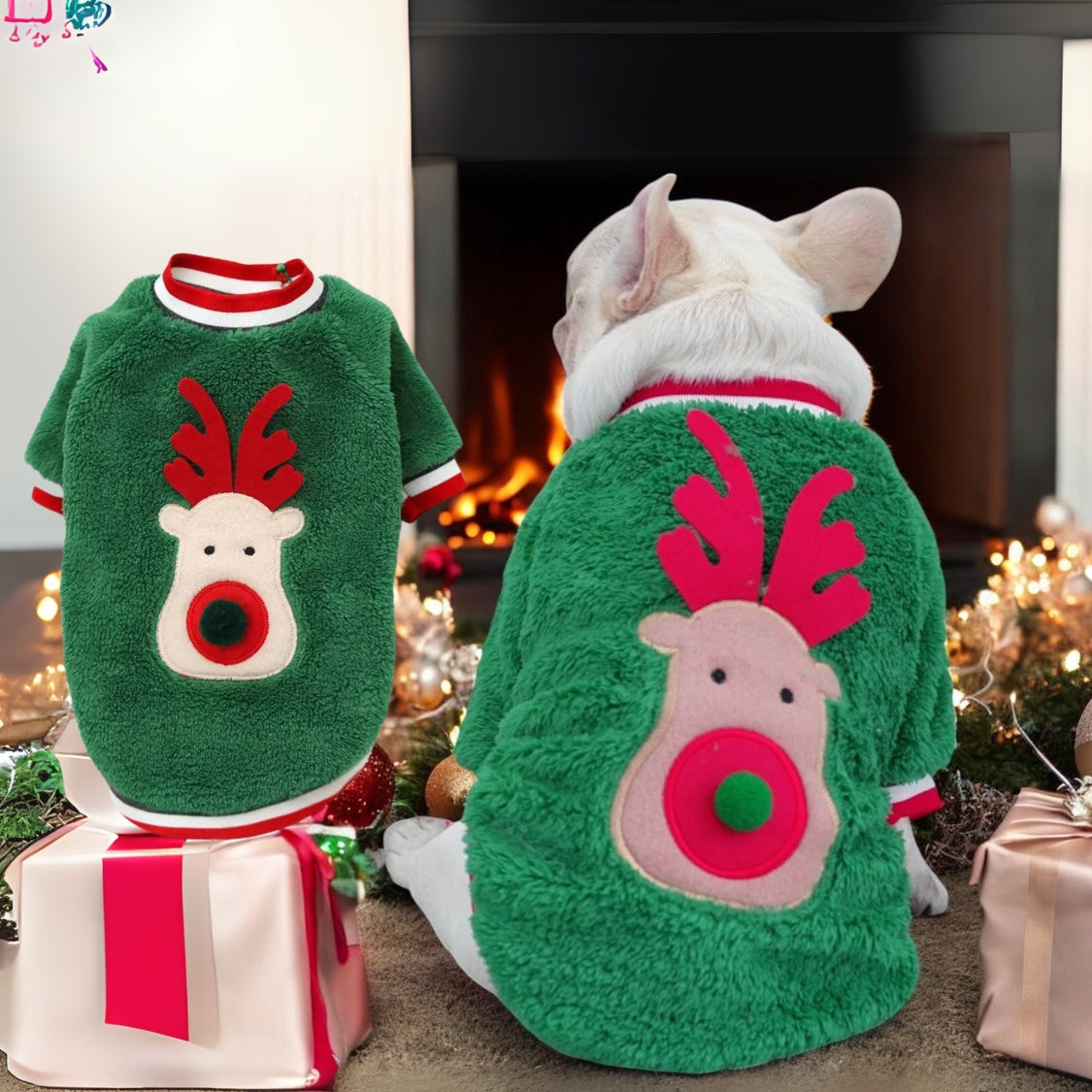 www.frenchie.shop-Frenchie-Coral-Fleece-Christmas-Sweater-Festive-Reindeer-Holiday-Apparel-for-Dogs