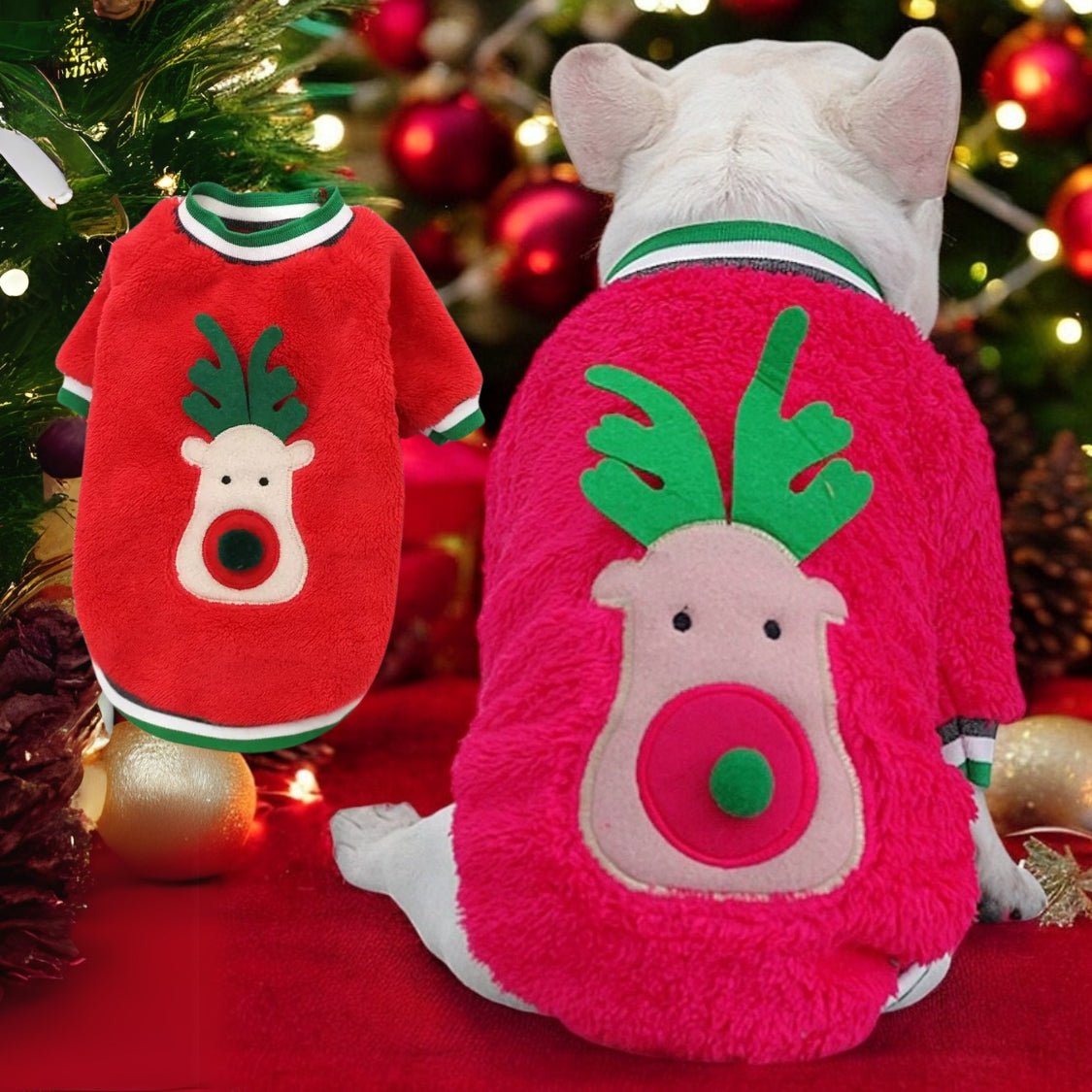 www.frenchie.shop-Frenchie-Coral-Fleece-Christmas-Sweater-Festive-Reindeer-Holiday-Apparel-for-Dogs