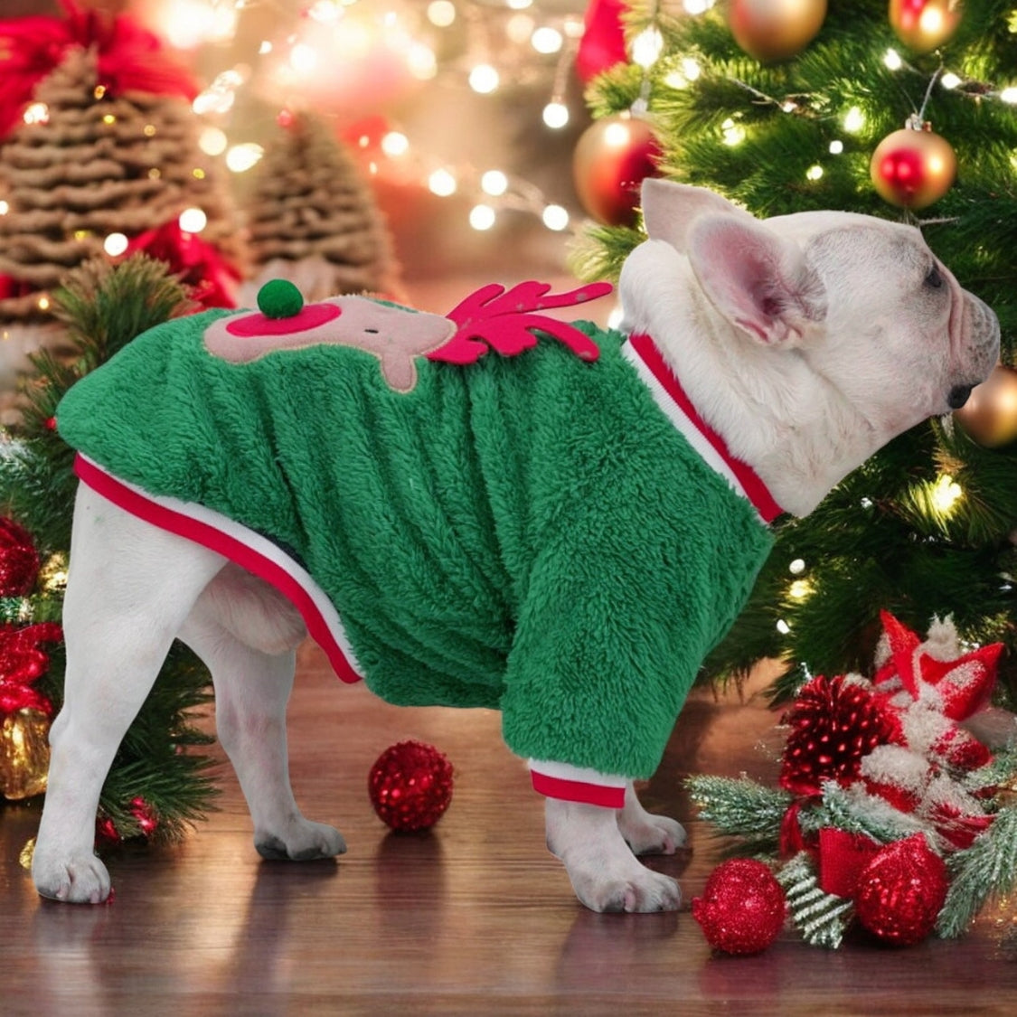 www.frenchie.shop-Frenchie-Coral-Fleece-Christmas-Sweater-Festive-Reindeer-Holiday-Apparel-for-Dogs