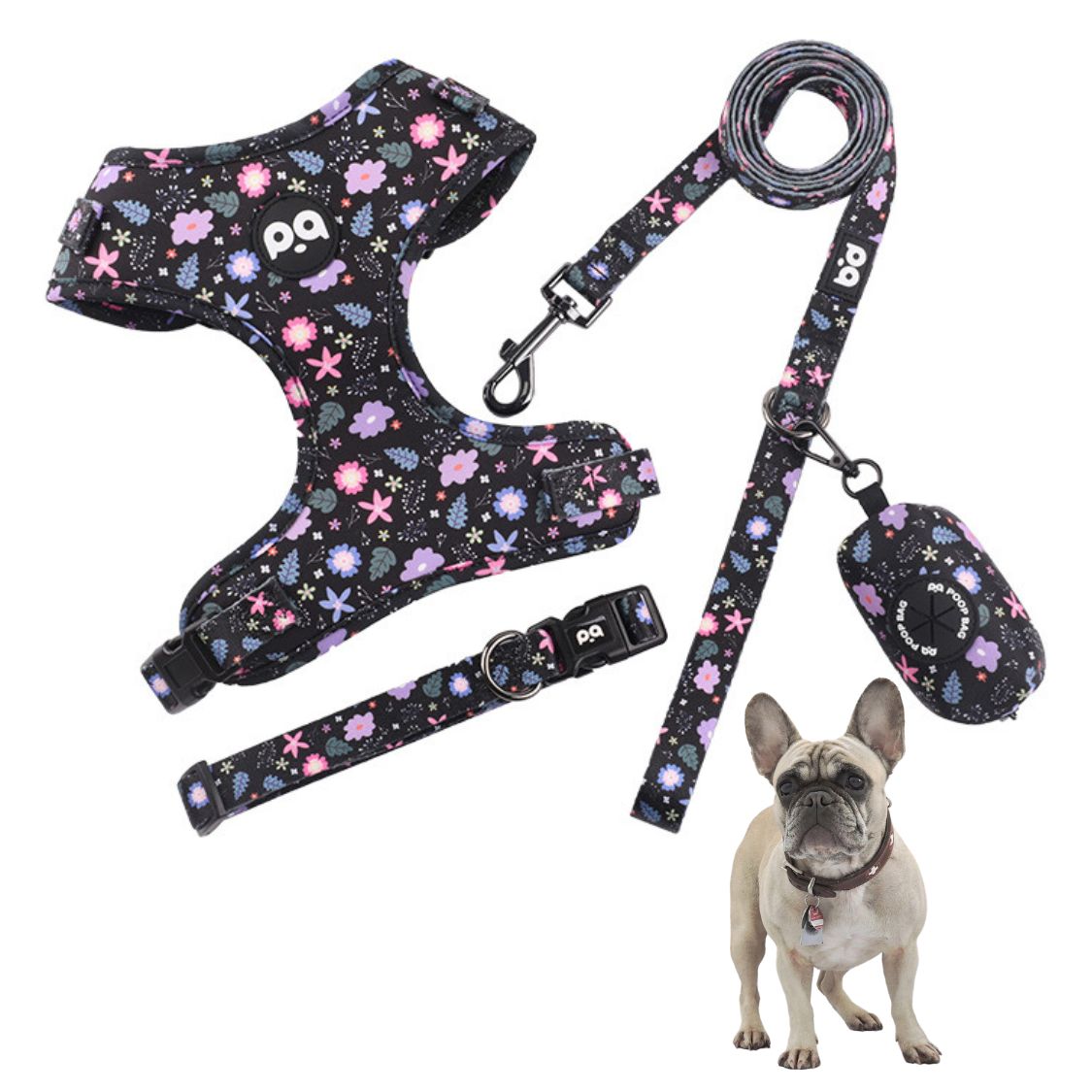 www.frenchie.shop-LeashLab-Adjustable-Frenchie-Harness-and-Leash-Set-black