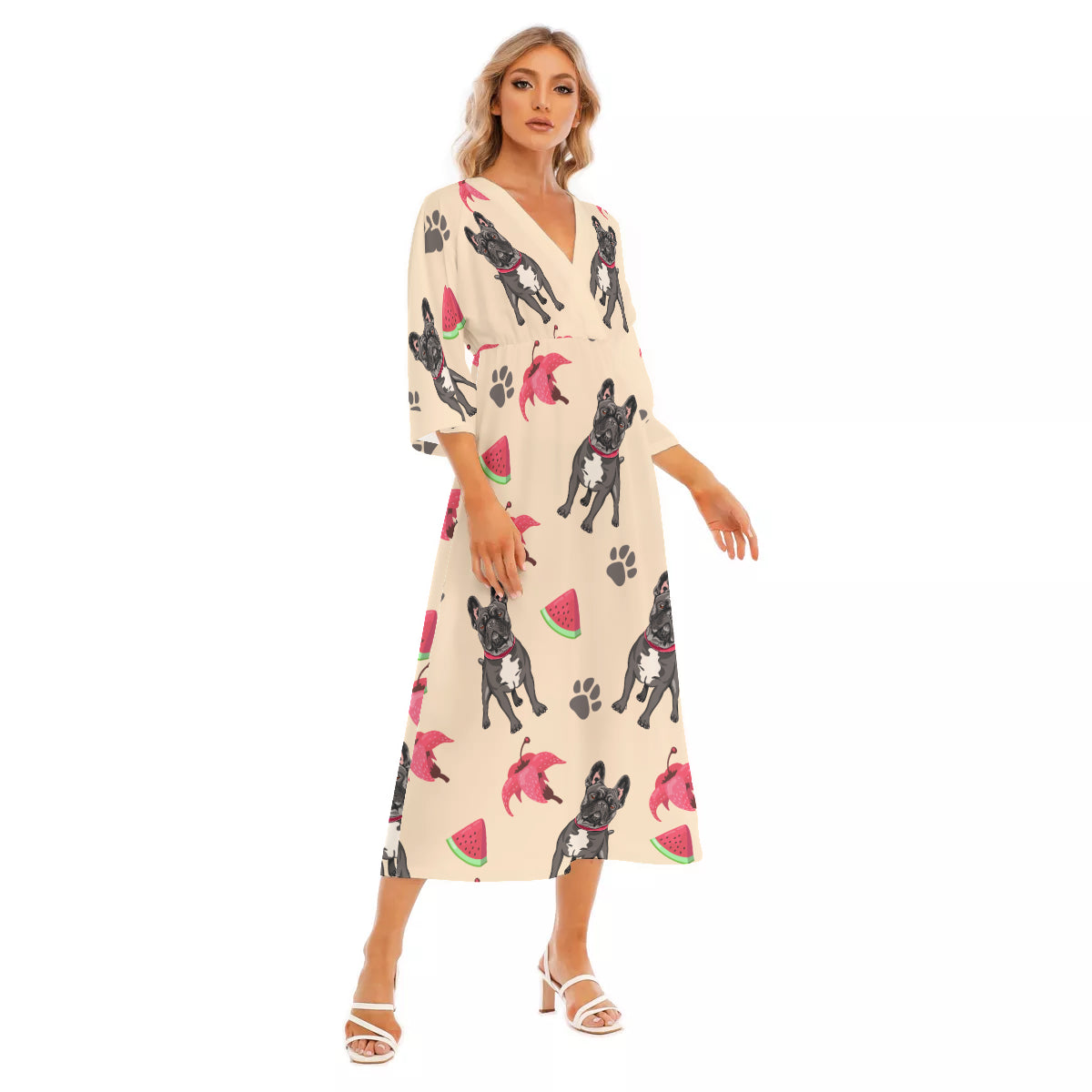 KATIE - Women's Mid-Sleeve Long Dress - Frenchie Bulldog Shop