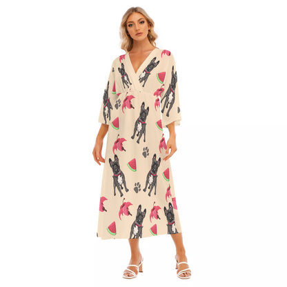 KATIE - Women's Mid-Sleeve Long Dress - Frenchie Bulldog Shop