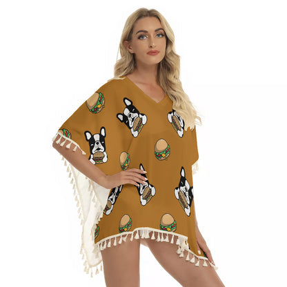 MAYA - Women's Square Fringed Shawl - Frenchie Bulldog Shop