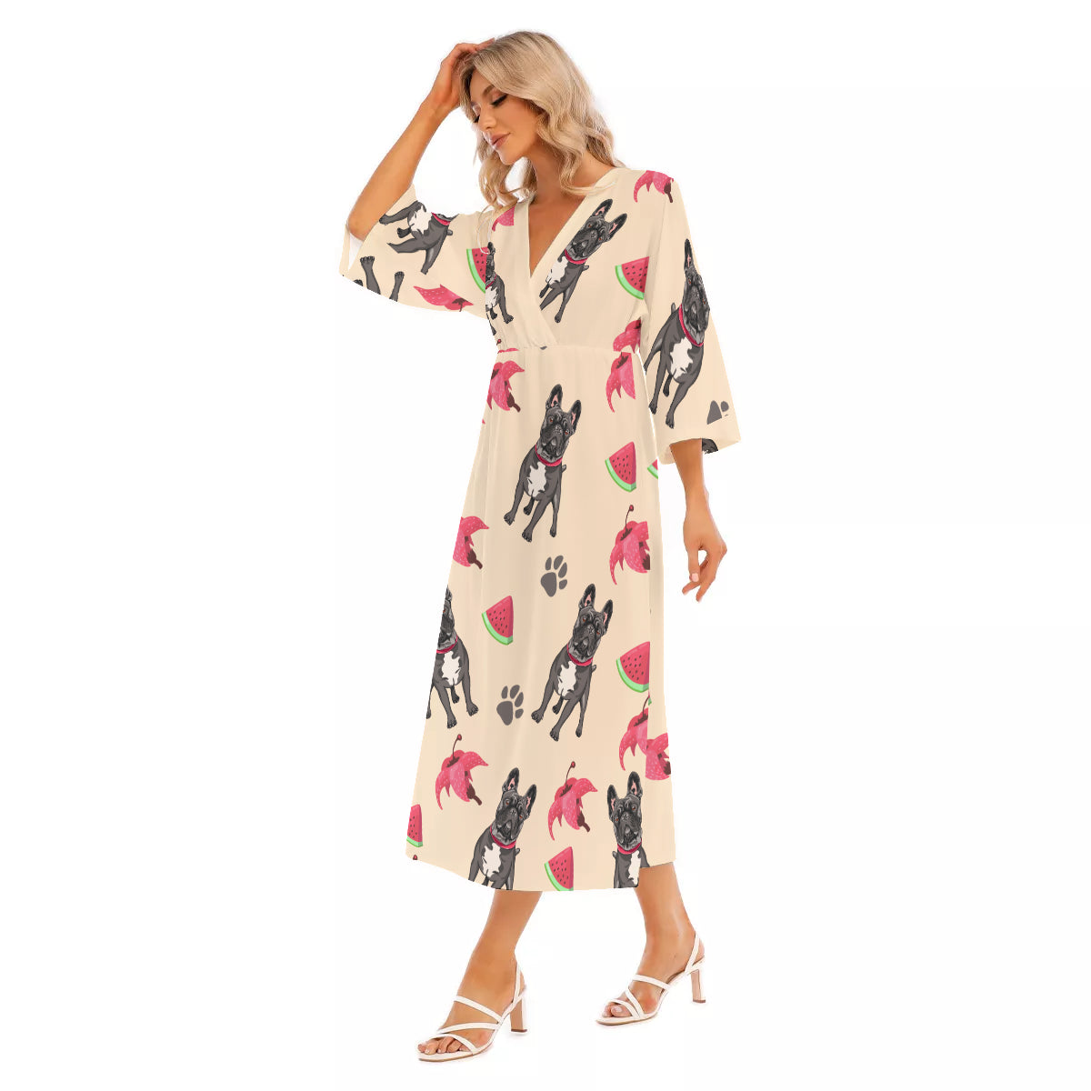 KATIE - Women's Mid-Sleeve Long Dress - Frenchie Bulldog Shop