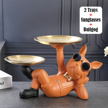 French Bulldog Sculpture with 2 Metal Tray Holder - Frenchie Bulldog Shop